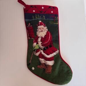 Vintage Wool Needlepoint Christmas Stocking Santa Playing Golf Handmade Golfer